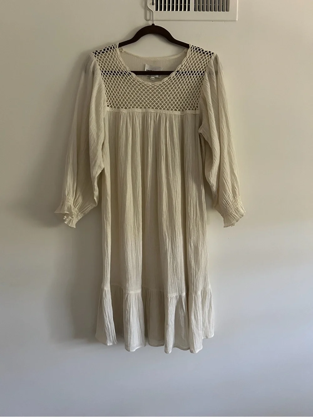 Antik Batik Cream Cotton Crepe Crochet Openwork Boho Prairie Dress XS Sheer
